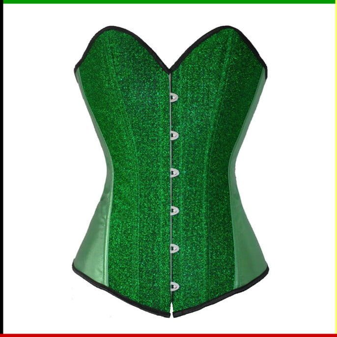 Groen, glinsterend korset met zwarte bies en een haak-en-oogsluiting.