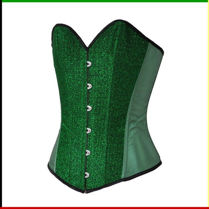 Groen, glinsterend korset met zwarte bies en een haak-en-oogsluiting.