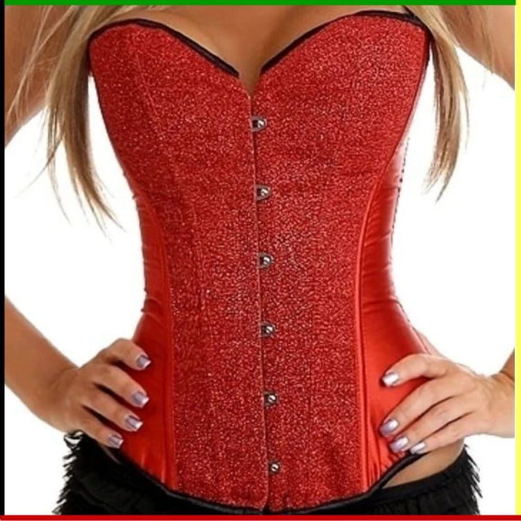 Rode, glinsterende corset met zwarte bies, sluiting aan de voorkant.