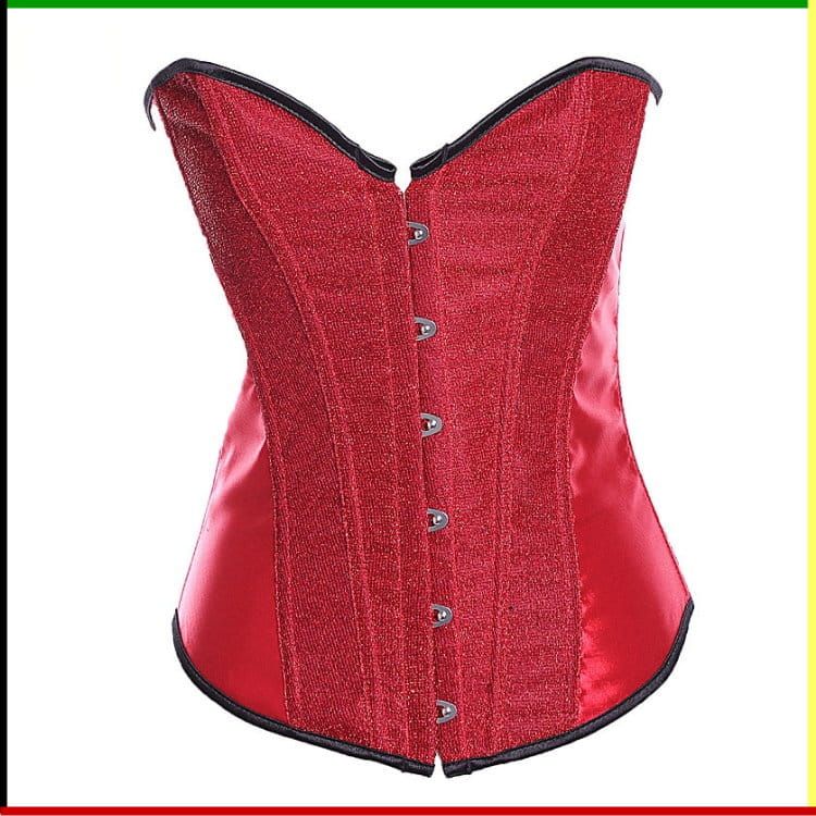Rode, glinsterende corset met zwarte bies, sluiting aan de voorkant.