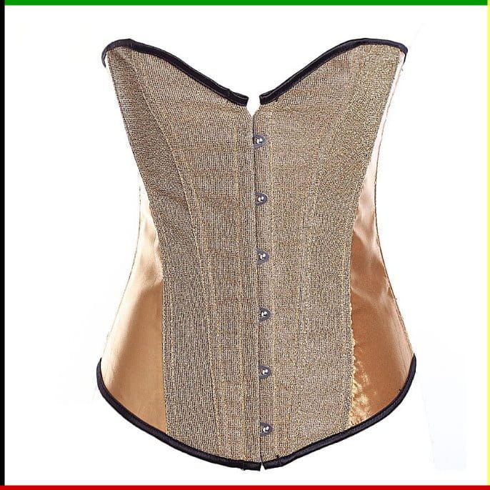 Goudkleurig en beige korset met zwarte bies en sluiting aan de voorkant.