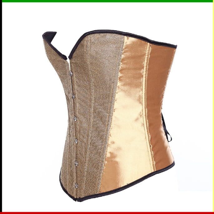 Goudkleurig en beige korset met zwarte bies en sluiting aan de voorkant.