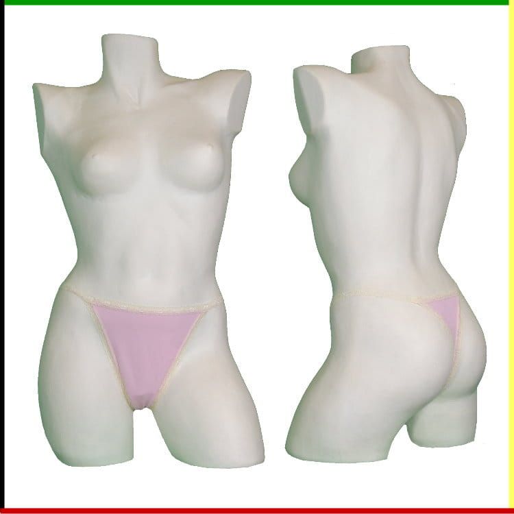 Witte torso-mannequin met roze ondergoed; voor- en achterkant.