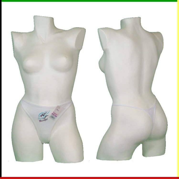 Witte mannequin torso met voor- en achterkant, die een witte string draagt.