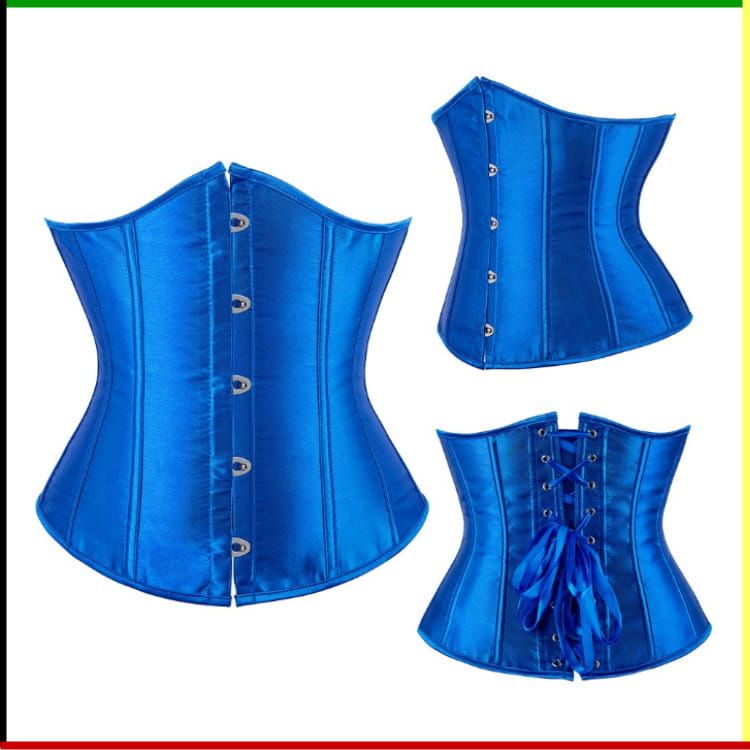 Blauw satijnen korset in drie aanzichten: voorkant, zijkant en achterkant.