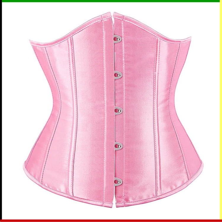 Roze satijnen korset, getoond vanuit voor-, zij- en achteraanzicht.