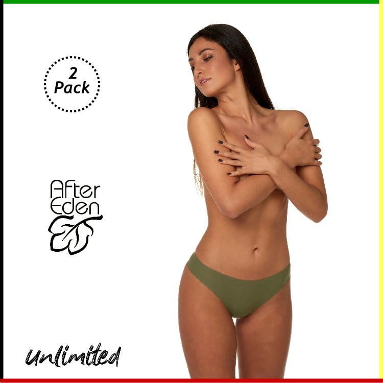 Vrouw van achteren gezien, met een string aan. Olijfgroene string, handen op haar hoofd. Tekst 