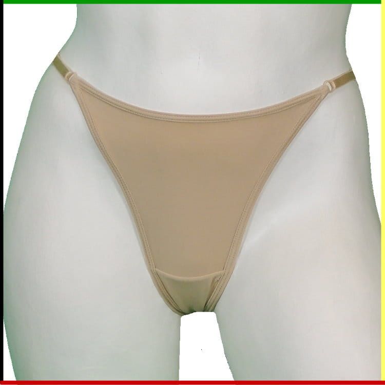 Witte torso-mannequin met beige string, voor- en zijaanzicht.
