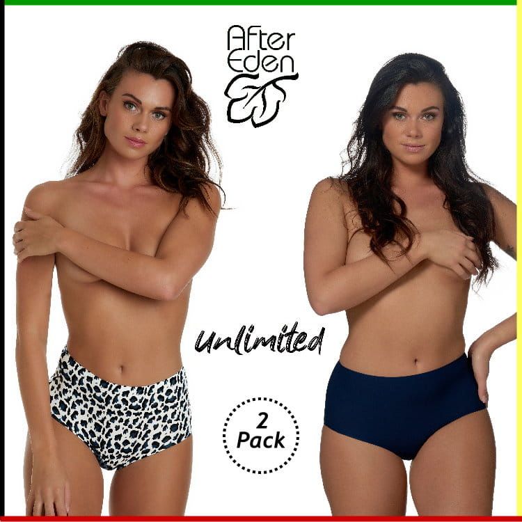 Twee vrouwen poseren in bikinibroekjes met hoge taille. De ene draagt een bikini met dierenprint, de andere een donkerblauwe. De tekst