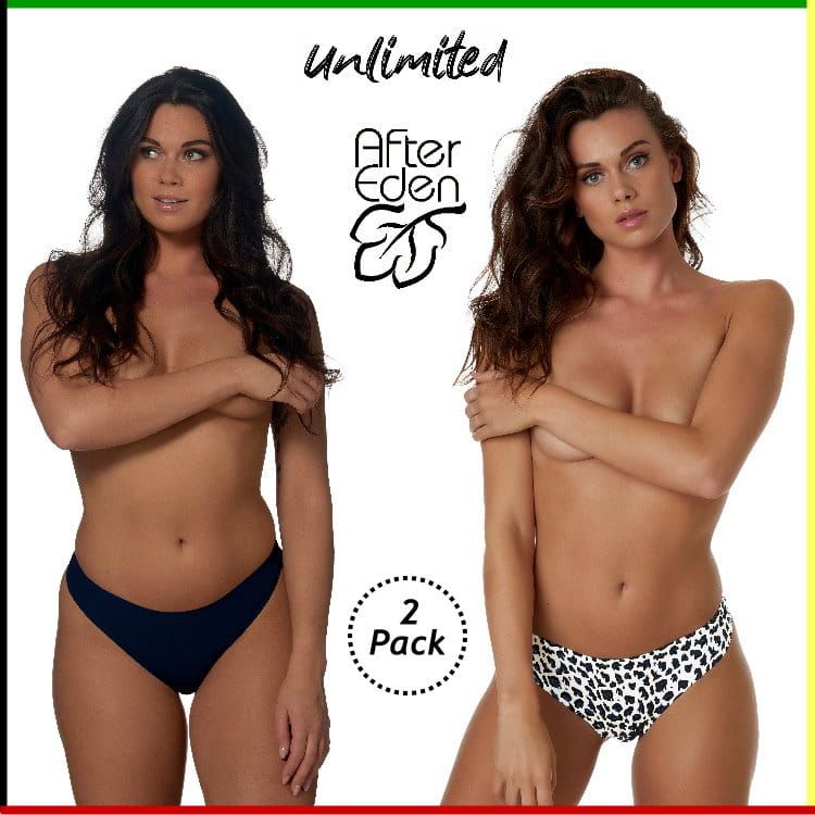 Twee vrouwen in bikinibroekjes, die hun borsten met hun handen bedekken. Logo "After Eden". Etiket "2-pack".