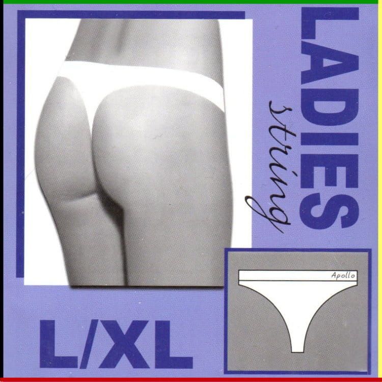 Witte string, productfoto, met label 