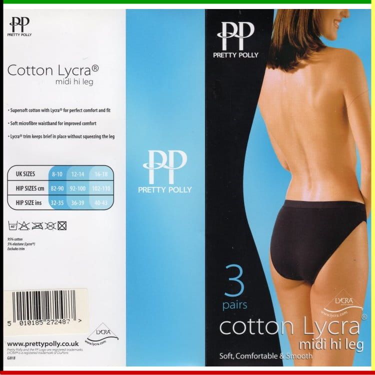 Verpakking voor Pretty Polly katoenen Lycra midi-ondergoed met hoge beenuitsnijding; zwart, met een vrouw in zwart ondergoed.