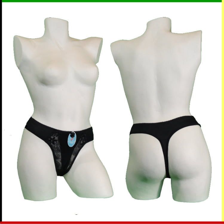 Twee witte mannequin torso's: vooraanzicht met zwarte string, achteraanzicht.