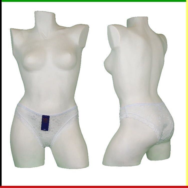 Witte vrouwelijke torso-mannequin met witte kanten slip. Vooraanzicht en zijaanzicht.