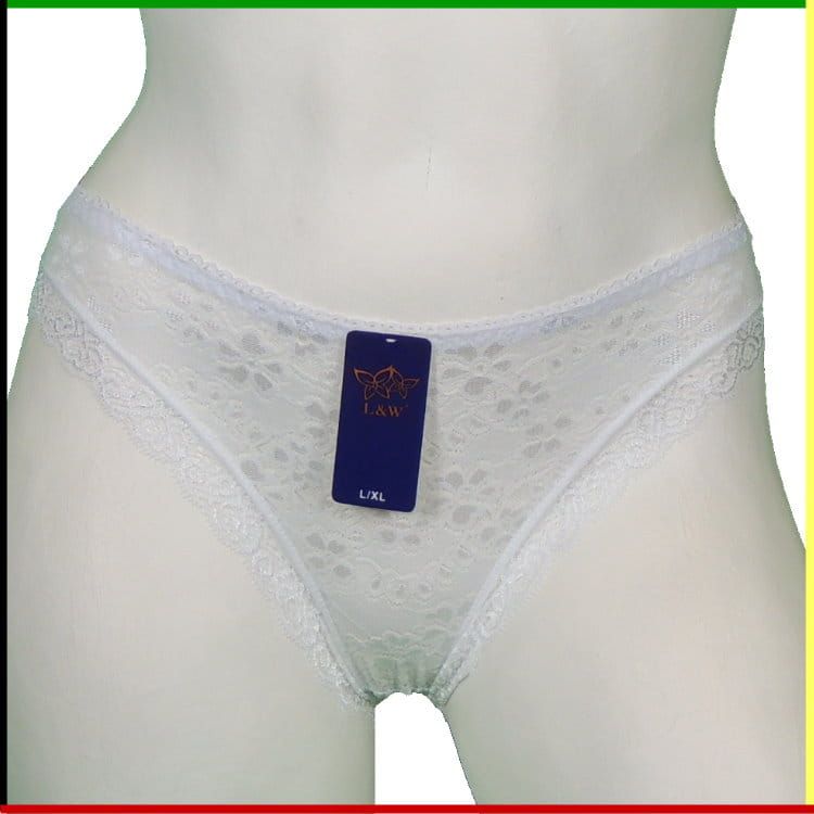 Witte vrouwelijke torso-mannequin met witte kanten slip. Vooraanzicht en zijaanzicht.