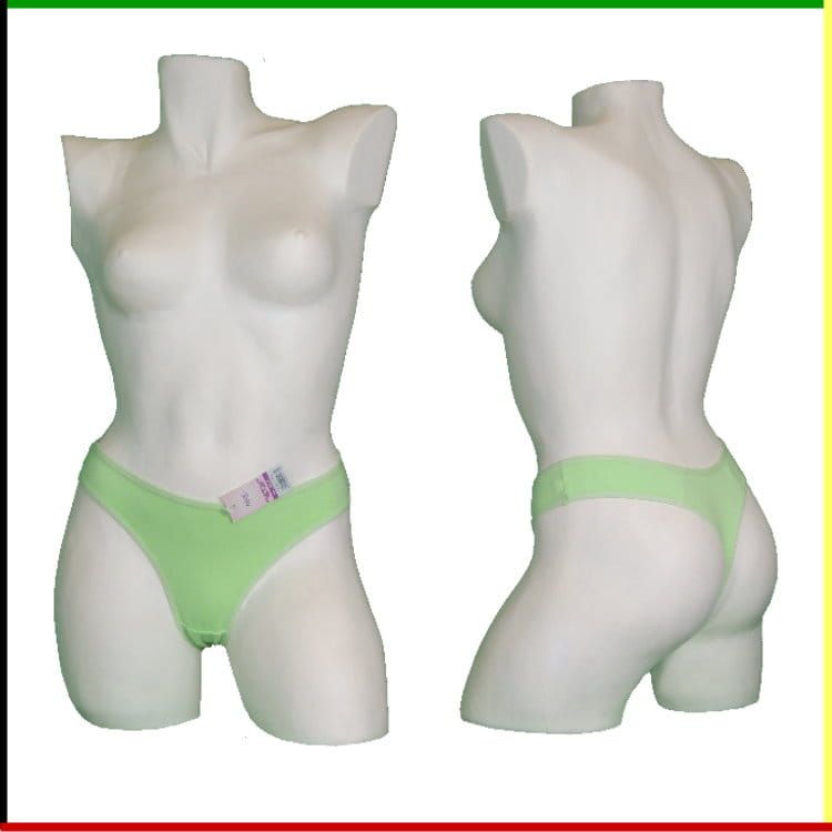 Witte torso-mannequin met lichtgroen ondergoed; voor- en achterkant.