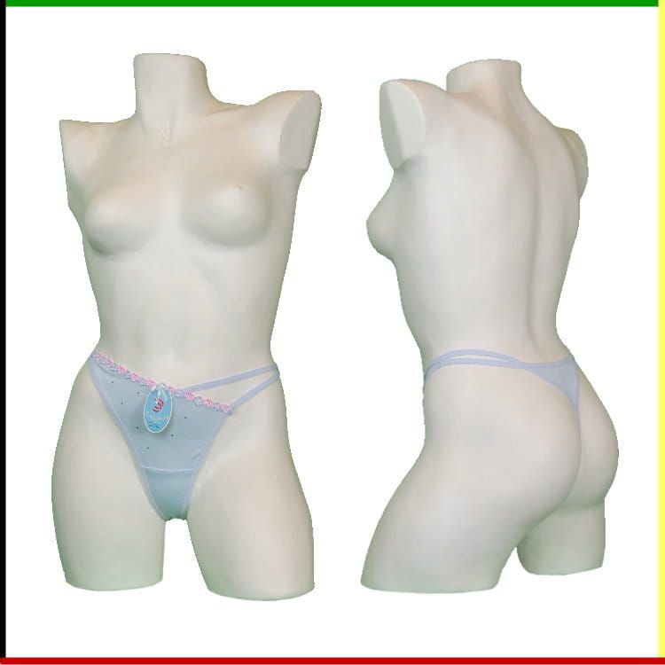 Mannequin torso, voor- en zijaanzicht, met lichtblauwe string aan.