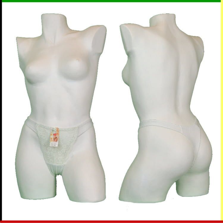 Witte vrouwelijke mannequin torso met witte lingerie, voor- en achterkant.