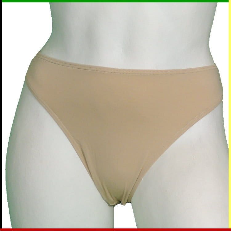 Witte torso-mannequin met beige ondergoed; vooraanzicht en zijaanzicht.