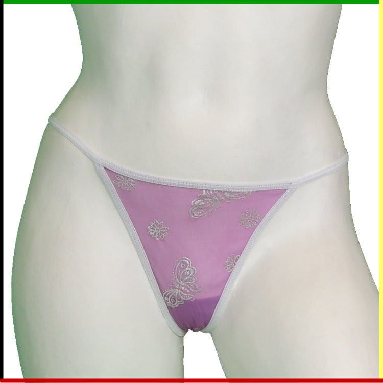 Witte mannequin torso met roze string, voor- en achterkant.
