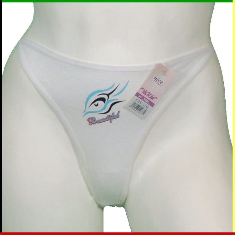 Witte mannequin torso met voor- en achterkant, die een witte string draagt.