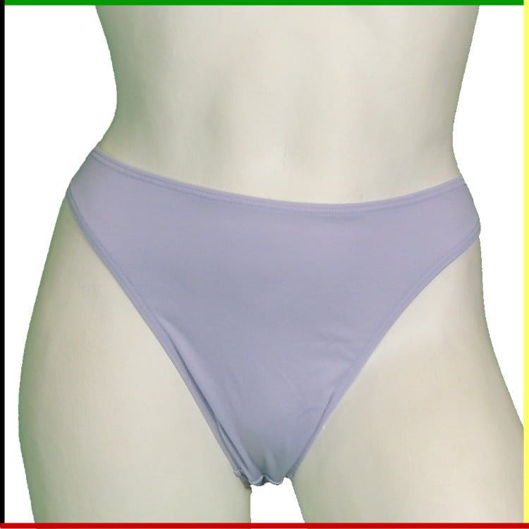 Vooraanzicht en achteraanzicht van een witte vrouwelijke mannequin met een lichtpaarse string.