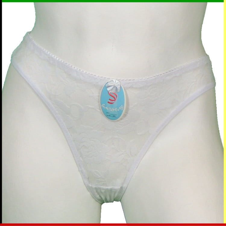 Witte mannequin torso, voor- en achterkant, met een witte string aan.