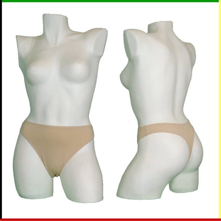 Witte torso-mannequin met beige ondergoed; vooraanzicht en zijaanzicht.