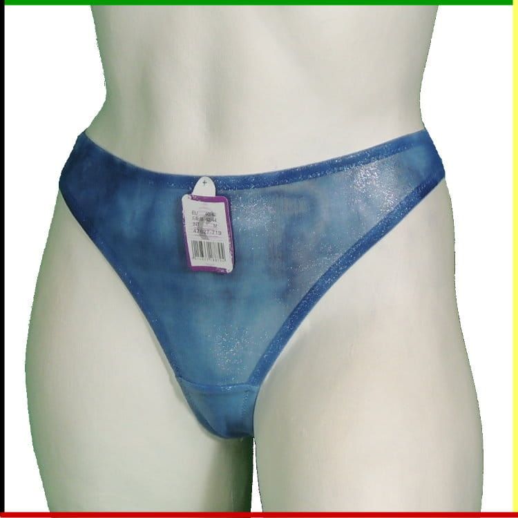 Witte mannequin torso met blauw wegwerpondergoed, voor- en zijaanzicht.