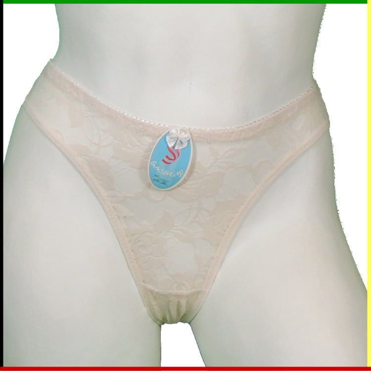Twee torso's van paspoppen: voor- en achterkant. Eén ervan draagt ​​een beige string met een blauwe strik.