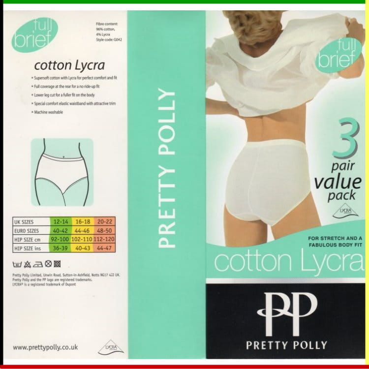 Verpakking met Pretty Polly katoenen Lycra slips, met een afbeelding van een vrouw die een witte slip draagt.