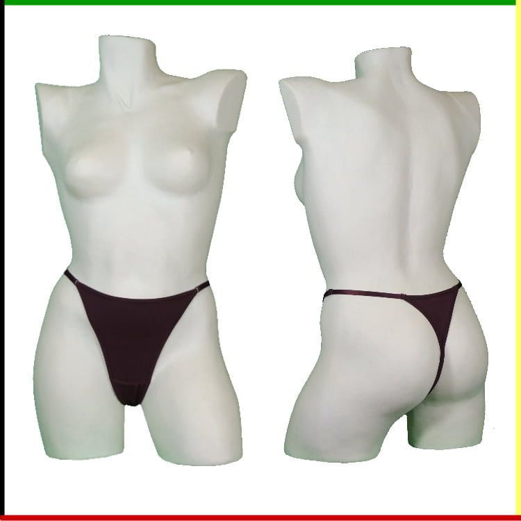 Witte vrouwelijke torso-mannequin met donkerpaarse string, voor- en achterkant.