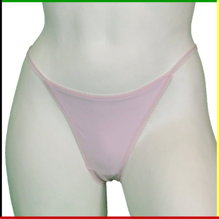 Witte mannequin torso met een roze string; voor- en achterkant.