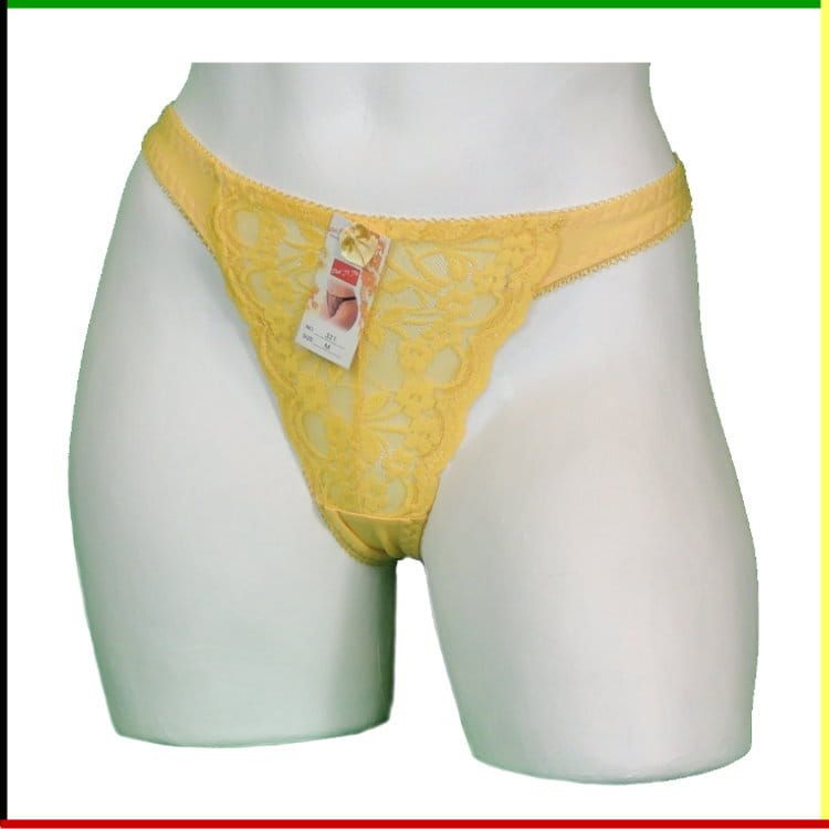 Witte mannequin torso met gele string; vooraanzicht en zijaanzicht.