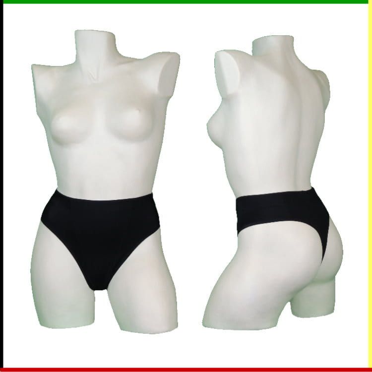 Mannequin torso met zwart ondergoed; vooraanzicht en zijaanzicht.