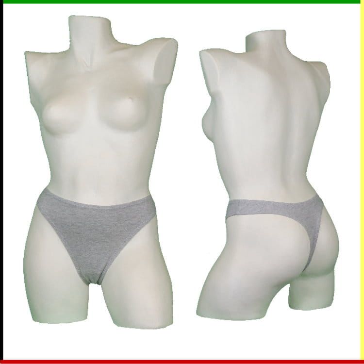 Twee witte mannequin torso's: vooraanzicht en achteraanzicht, met grijs ondergoed aan.