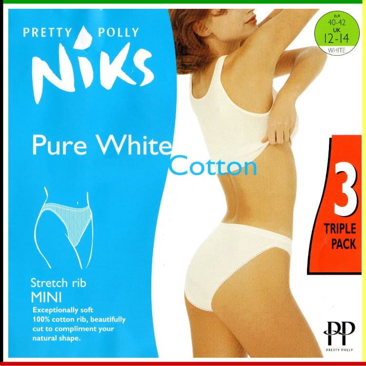 Verpakking voor wit katoenen ondergoed; toont een vrouw in wit ondergoed, tekst: Niks Pure White Cotton, mini, driepack.