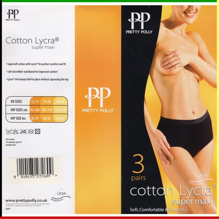 Verpakking voor Pretty Polly katoenen Lycra ondergoed, met een vrouw die een exemplaar modelleert.