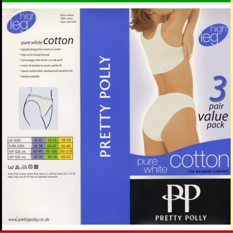 Doos Pretty Polly katoenen ondergoed met hoge beenuitsnijding, wit, voordeelverpakking van 3 paar.