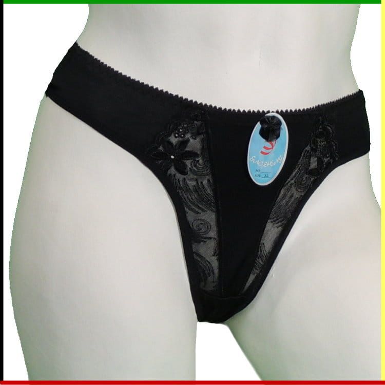 Twee witte mannequin torso's: vooraanzicht met zwarte string, achteraanzicht.