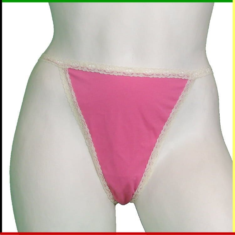 Mannequin torso met roze driehoekig bikinibroekje, voor- en achterkant.