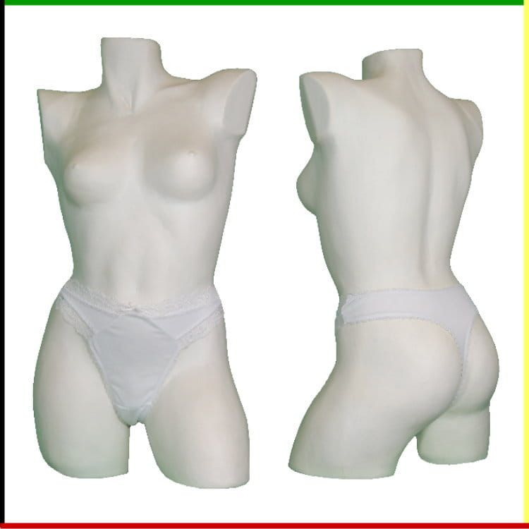 Witte mannequin torso met wit ondergoed, voor- en achterkant.