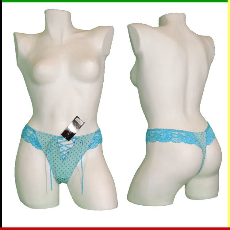 Vrouwenlichaamsmodel met turquoise kanten ondergoed en label.