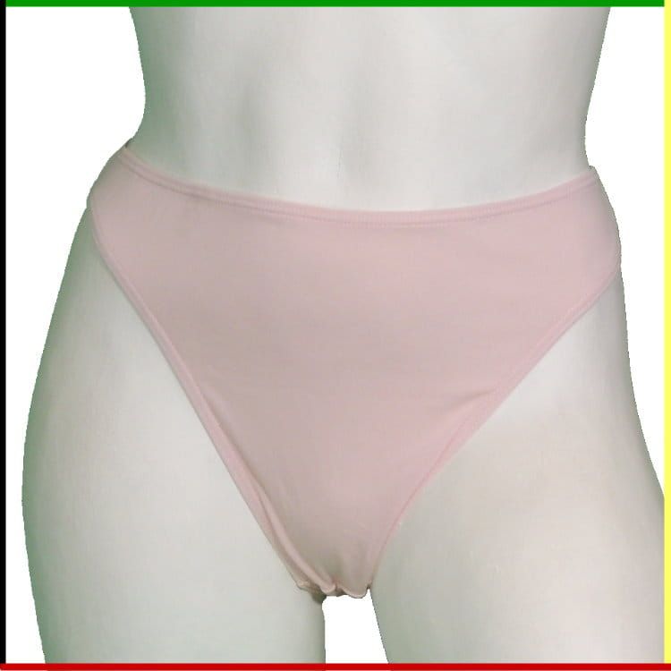 Vooraanzicht en achteraanzicht van een witte mannequin met een roze string.
