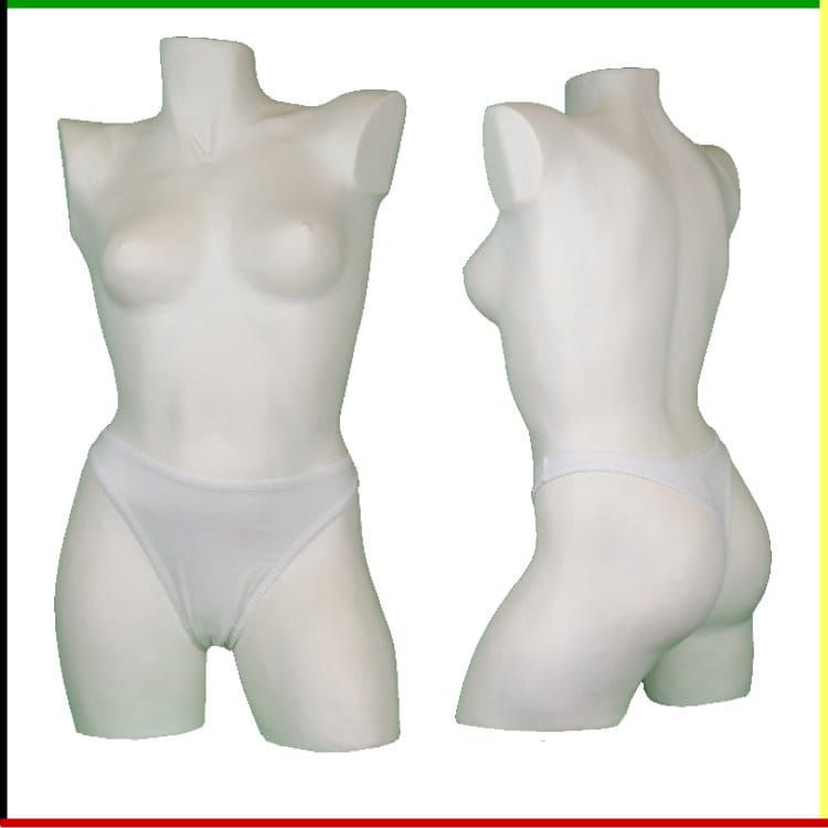 Witte vrouwelijke torso-mannequin, voor- en zijaanzicht, met wit ondergoed aan.