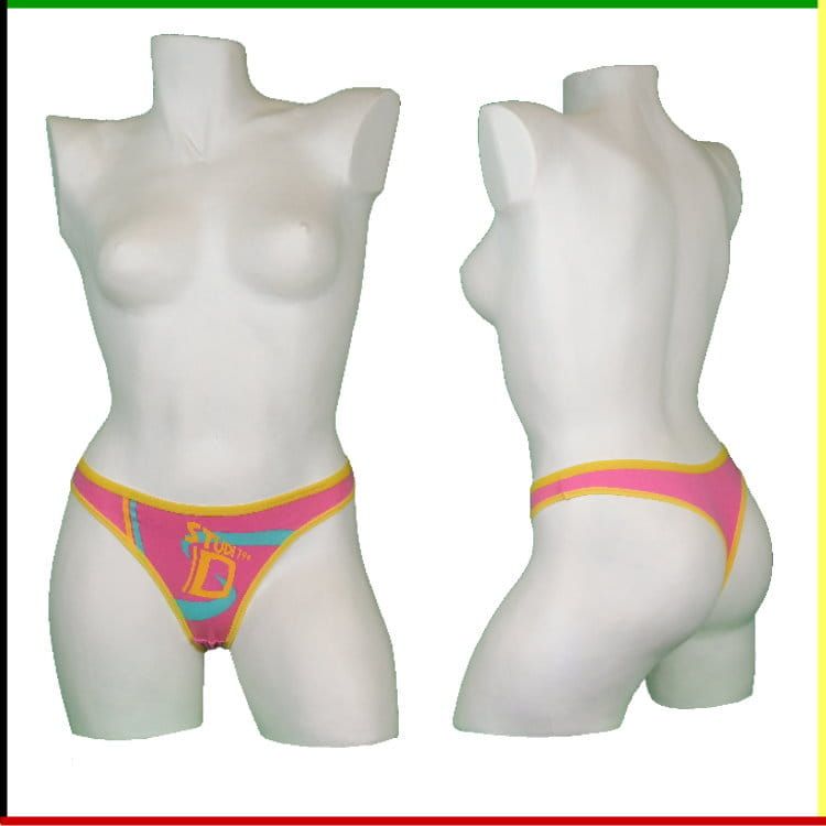 Witte mannequin torso met roze en gele bikinionderkleding, voor- en zijaanzicht.