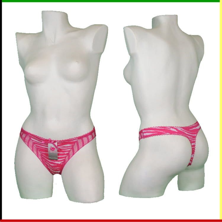 Witte mannequin torso met roze zebraprint string, voor- en achterkant.