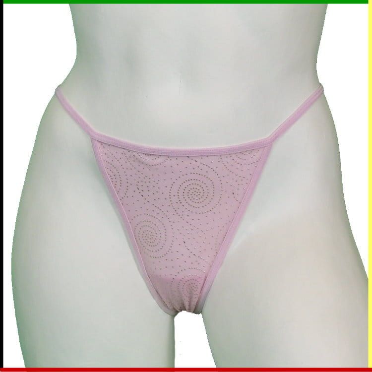 Witte vrouwelijke mannequin met een roze string; voor- en achterkant.