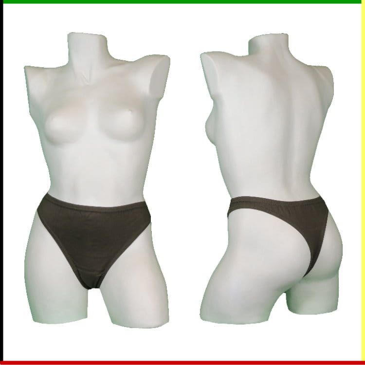 Mannequin torso met donkere slip, voor- en achterkant.