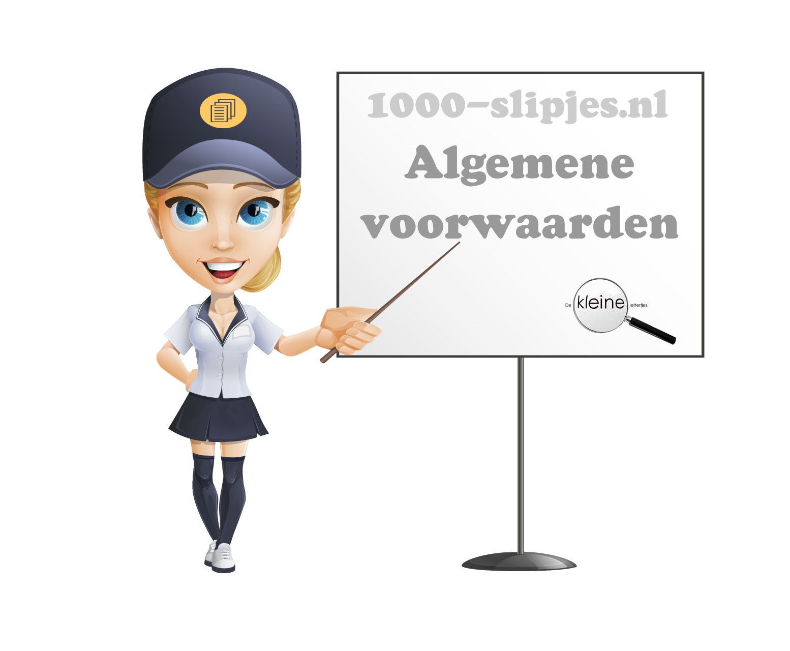 Cartoonvrouw wijst naar een whiteboard met de tekst